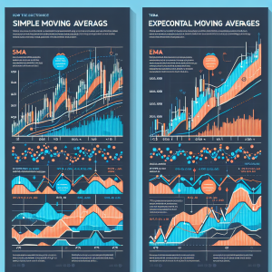 Create an educational infographics illustrating the concept of Simple Moving Averages (SMA) and Exponential Moving Averages (EMA). Show two line graphs side by side; on the left, show a line graph with fluctuations in a stock's price over time, marked with the application of SMA. On the right, show a similar graph demonstrating the application of EMA. Above each graph, use the headers 'SMA' and 'EMA', respectively. Highlight the key points of intersection where SMA and EMA would lead to different buy/sell decisions. Include a brief explanation of the term below each graph.