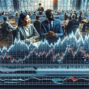 An educational and informative composition showing a vast trading floor filled with bustling traders of diverse descents and genders eagerly watching their screens, analyzing fluctuating graphs and engaging in discussion. Foreground contains a clearly detailed computer screen exemplifying ideal 'Price Action' patterns, including candlestick graphs, support and resistance levels, and trading volume indicators. A professional, attentive Asian woman looking at the charts and a calm, focused Black man discussing strategy are also included at the center of the action.