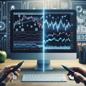 An image illustrating a comparison between the features of MetaTrader 4 and MetaTrader 5 software applications running on a Mac computer. Perhaps featuring two screens, one with the MT4 interface, showing charts and indicators, and another showing the MT5's more advanced features. Overlay the images with highlighting elements or markers to signify the differences in the features of both software applications. The Mac logo, signifying the operating system, can be placed prominently in the scene.