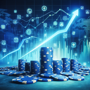 Visualize a large pile of bright blue poker chips, symbolizing investment resources. In the background, place upward trending arrows and bar charts in a variety of colors, representing stock market growth. Also, scatter a few recognizable corporate logos, subtly hinting at leading corporations without explicitly displaying any specific company. Ensure the overall image conveys a positive and optimistic vision of stock market investment.