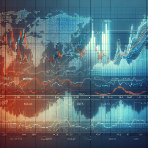 A technical analysis chart showing the trends and/or fluctuations of the S&P 500 and NASDAQ stock indexes. Next to this, another separate technical chart of the DAX and Dow Jones stock indexes. To make it more interesting, have the S&P 500 and NASDAQ chart in a cool blue tone, whereas the DAX and Dow Jones one in warm red. Make sure each chart has clearly marked axes, with labeled units, and visible trend lines where applicable. The background can be a subtle grid pattern evocative of investment analysis.