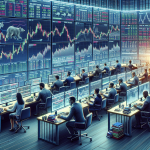 A scene portraying the concept of futures trading: Picture an active trading floor, with multiple screens displaying rapidly changing graphs and numbers illustrating market trends. A diverse group of traders, men and women with various descents like Hispanic, Middle-Eastern, Caucasian, and Asian, are engaged in tracking the market movements, making quick decisions. One can also see reference books on the side, signifying different profitable strategies. Every individual seems focused, intense, hustling amidst the general hubbub of the trading floor. This image should encapsulate the dynamic, complex, and strategic world of futures trading.