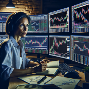 Showcase an individual sitting in front of multiple computer screens displaying various stock market charts and graphs. The individual, a middle-aged, Hispanic woman, appears focused and concentrated as she analyzes the data on her screens. Nearby, there's an open notebook with important trading notes and strategies scribbled down. On her desk, there is also a banner visible on one of the screens that reads, 'Opening a Demo Account for Safe Trading Study'. Make sure the overall atmosphere of the room suggests a serious and studious environment.