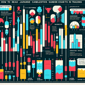 Illustrate a detailed educational infographic about Candlestick Patterns: How to Read Japanese Candlestick Charts in Trading. The image should show various types of recognized patterns like bullish and bearish patterns, hammer, doji, and inverted hammer. The image should also have a section explaining the anatomy of the Japanese candlestick including the body, upper shadow, and lower shadow. Features like different color coding for rising and falling periods should be showcased as well. Also include supporting text in English to explain each component and pattern.
