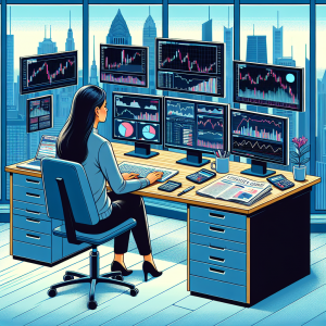 An illustrative image for a beginner's guide on how to use trading trends. Depict a South Asian woman sitting at a trading desk with multiple monitor screens displaying trend lines, bar graphs, and pie charts. Show her analysing the data and making decisions. Include various classic trading tools such as calculators, financial newspapers, and a coffee mug on the table. Behind her, a large window view reveals a bustling cityscape to suggest she's in a high-rise office building.