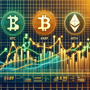 A digitally illustrated financial forecast chart for short-term investments in Bitcoin, Ripple, and Ethereum. The chart displays fluctuating lines in green, blue, and orange to represent each cryptocurrency's market trend, against a modernistic grid background. Prominent hashtags '#BTC', '#XRP' and '#ETH' are placed next to each corresponding line graph. The top right corner features a digital clock showing real-time, as if it's a continuous 24-hour monitoring. Include visual elements of crypto coins: Bitcoin's 'B' symbol with two vertical lines through it, Ripple's ripple symbol, and Ethereum's angled diamond symbol.