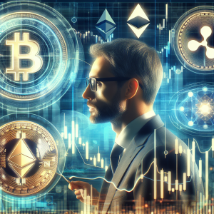 An image depicting various elements of cryptocurrency analysis. Feature symbols for Bitcoin (BTC), Ripple (XRP), and Ethereum (ETH) prominently, intertwined with graphs and charts indicating a short-term forecast. In the center, emphasize a figure who represents an expert analyst: a Caucasian male in his 30s, wearing glasses and a business suit, deeply engrossed in studying the trends on a big holographic screen. The background should be a futuristic financial workspace. The overall tone should be serious and professional, reflecting the importance of digital currency analysis in the current era.