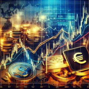 An informative image capturing the essence of a short-term financial forecast. The image includes a dynamic line graph displaying the market trends for crude oil, gold and the EUR/USD currency pair. The graph line for crude oil is symbolically represented in thick black, while the one for gold gleaming in a rich golden hue. The EUR/USD line graph is flagged with euro and dollar symbols, denoted in a contrasting blue color. The background of the image is filled with a tasteful mix of finance-related elements such as abstract numerical data, trading charts and financial symbols, giving an ambience of a bustling stock exchange.