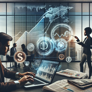 Create a dynamic image that encapsulates a financial event overview for the upcoming week. The setting is a modern office with panoramic windows overlooking the city. A significant section of the image should depict a tableau of economic symbols: a rising line graph, currencies symbolizing global trade, a newspaper section on financial news, and a laptop showing a video analysis. A Caucasian man is intensely analyzing the laptop screen while a Black woman points out key points on the screen. Adding a muted color palette for a serious mood, with occasional pops of intense color.