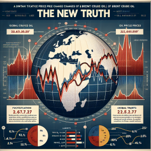 An informational graphic or chart illustrating the dynamic price changes of Brent Crude oil in global markets. The chart should depict fluctuations over time, critical peaks, and valleys, reflecting the 'new truth' in the volatility of oil prices. Please include numbers, statistics, and labels in English to quantify and explain the depicted trends. The background should be clean and professional-looking, suitable for an article in a reputable financial journal.
