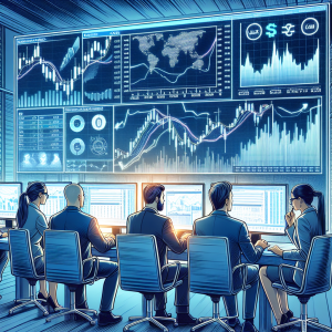 Depict a financial analysis setting where a group of four people are deeply engrossed in analyzing the USD/CAD exchange rate on large shiny computer screens. Include two men and two women, one of each being Hispanic and Caucasian. Highlight their focus and determination. Include elements such as stock market charts, data visualizations, and real-time currency exchange rate movement involved in the analysis. Incorporate attributes showcasing investor sentiment like caution and optimism