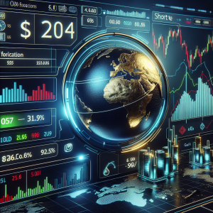 A detailed image of a futuristic trading dashboard displaying the short-term forecast for 2023. The dashboard includes visual elements such as graphs and charts showcasing the projected trends for oil, gold, and EUR/USD. The predominant colors should be dark blues and blacks, contrasted with bright green and red indicators to represent the ups and downs of the market. Rounding off the image on one side is a globe with lines connecting to various financial centers around the world, symbolizing the global nature of these commodities and currencies.