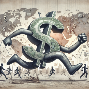 A detailed depiction of the concept of a hastily rushing dollar symbol, portrayed as a character with running legs. The background subtly illustrates different people representing global investors, nervously watching the rapid movement of the dollar. Various markets are represented as different iconic buildings from around the world, appearing to be slightly shaken or disrupted by the hurried movement of the dollar symbol. The image should be created to visually represent the influences and impacts on investors and global markets.