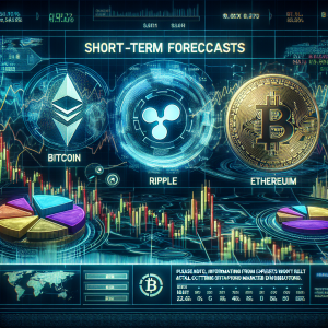 A detailed graphical representation of short-term forecasts for cryptocurrencies namely Bitcoin, Ripple and Ethereum. The analysis from experts displayed on a dynamic digital board with fluctuating graphs, pie charts showcasing distribution and numerical data. A futuristic setting underscores the cutting-edge nature of the subject. Please note, information present in this image won't reflect actual market situations or trends, everything would be artistically driven depictions. Everything has a vibrant yet professional look signaling the modern and complex world of digital currency trading.