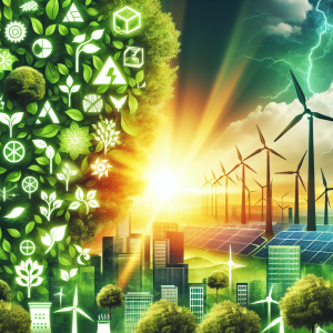A vibrant and lively image depicting the growth and prosperity in the field of green energy. The image represents an overview of the top companies in this sector, showcasing stylized versions of their logos or symbols etched into the leaves of rich, healthy trees. A bright, clean sun rises in the distance behind a skyline comprised of wind turbines, solar panels, and hydroelectric dams. These elements should convey the strength and vitality of the industry while promoting its potential for sustainable and responsible growth.