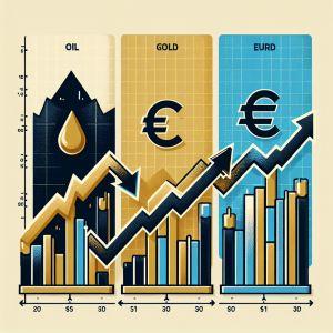 Create an image that illustrates a short-term forecast for three key financial markets: oil, gold, and the EURUSD currency pair, as of today. The picture should include three distinct sections with three distinct arrow vectors pointing at different directions to symbolize fluctuating trends. Use bar charts and line graphs to represent the data. Ensure the colors used are black for oil, gold for gold, and blue for EURUSD. All set against a neutral background.