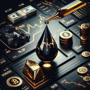 An abstract representation of the subject: short term forecast of oil, gold, and the EURUSD for today. Layout envisaged as a compilation of different segments. A droplet of crude oil, glossy and dark, falling from a pipette, a nugget of gold, gleaming in contrast against a dark background, and denominations of euro and dollar bills laid side by side. The forecast data in digital numbers with up and down arrows, graphically overlaying the segments denoting the notions of rise and fall. Remember to keep a sophisticated but insightful undertone, appealing to finance enthusiasts.