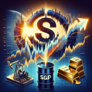 A detailed image incorporating three key elements: the Standard & Poor's 500 Index symbol, crude oil, and gold. The S&P symbol, perhaps represented as a large, impactful emblem or on a dynamic chart showing growth and movement. Crude oil could be signified in various forms, such as an oil well drilling into the ground, or a barrel of oil. Gold is represented visually, maybe in the form of gold bars or a gold mine, symbolizing wealth and value. Each element closely connected, perhaps interwoven or interacting, indicative of their correlation in the economic forecast for 2023.
