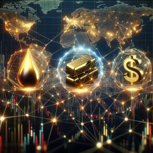 Visualize a detailed scene depicting a web-like network of the commodities market. The central focus is on three main elements: crude oil, gold, and the EUR/USD currency pair. These are represented as large nodes in the center of the web. Strong, glowing lines stemming from each node show fluctuating patterns, symbolic of their short-term trends. Around them, there's a flurry of smaller nodes and connecting lines, signifying other commodities and financial instruments. The background depicts a world map, indicating the global nature of financial markets.